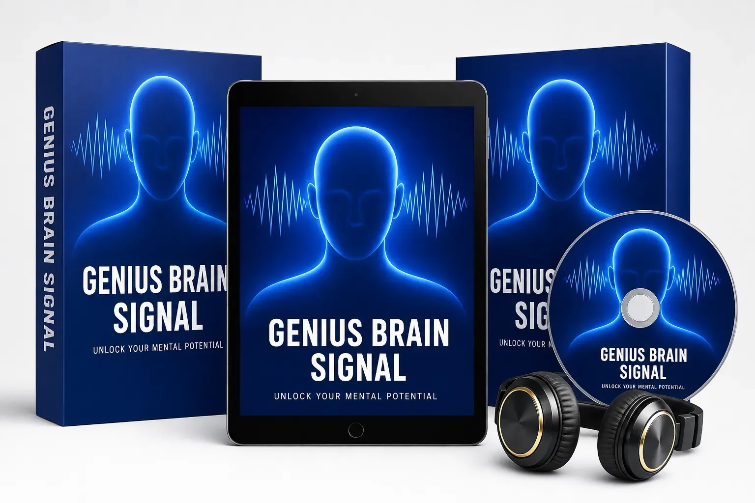 Genius Brain Signal digital audio program box set, tablet, CD, and headphones
